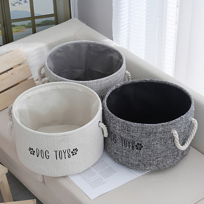 Canvas basket for storing dog toys.