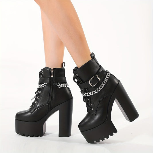 Women's stylish ankle boots with chain decor, block heel, lace-up, and side zipper.