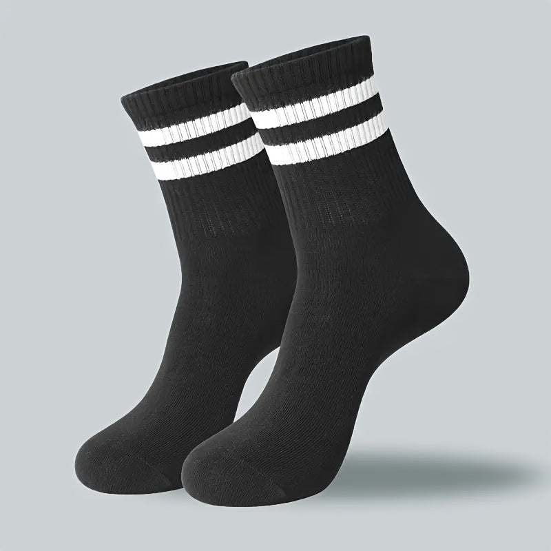 Dual-striped long socks for men and women made from breathable polyester knit fabric. Can be hand washed or dry cleaned. Available in black/white.