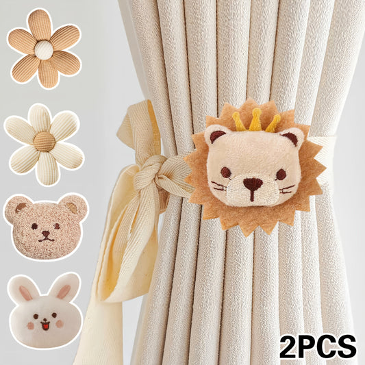 Set of 2 Cute Lion Plush Curtain Tiebacks in Cartoon Animal Design, Featuring 3D Polyester Flowers and Fun Animal Holdbacks for Bedroom, Living Room, or Office Décor