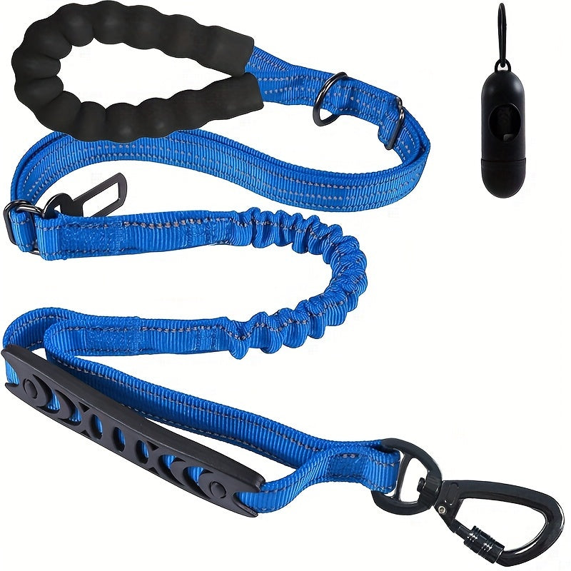 Bungee dog leash with 2 padded handles, reflective threads for medium to large dogs, 4-in-1 multifunctional design with car seat belt.