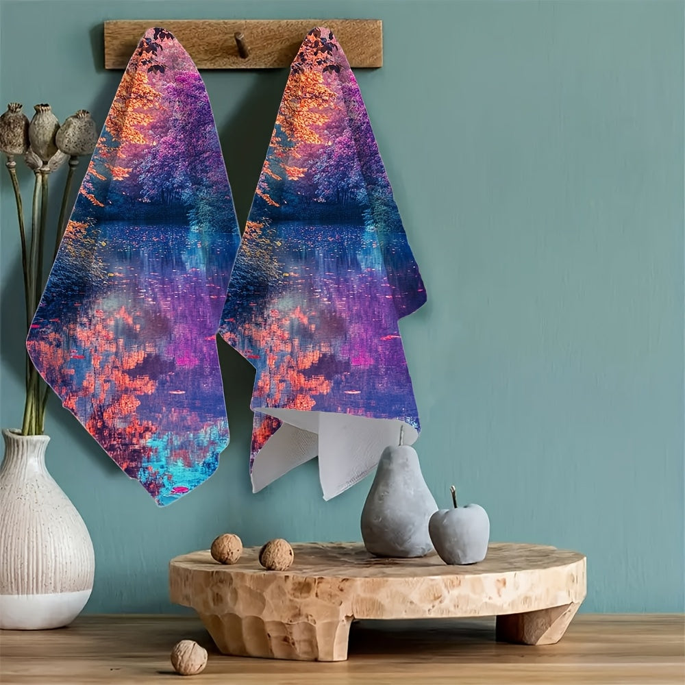 2 Ultra Soft Kitchen Towels featuring a Vibrant Autumn River Scene - Highly Absorbent, Machine Washable Dish Hand Towels, measuring 40.64x60.96 cm - Perfect for Holiday Decor and as Dish Towels.