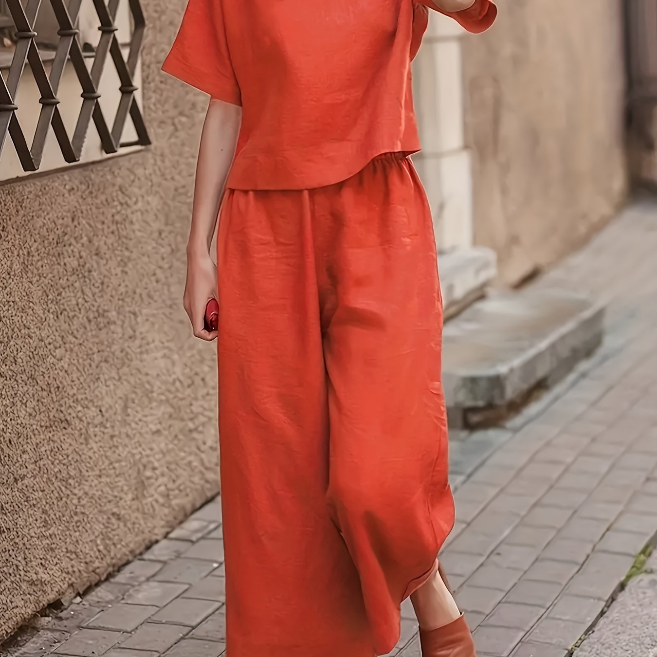 Casual Women's Crew Neck T-Shirt and Wide Leg Pants Set