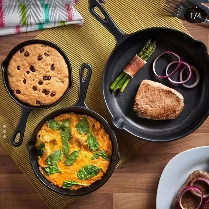 Set of 3 Cast Iron Cookware Pieces - Non-Stick, Versatile Pans in Different Sizes for Use on Induction & Gas Stoves - Ideal for Frying, Sauteing & Cooking