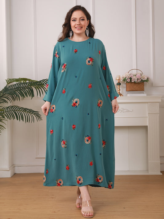 Elegant floral print women's plus size abaya with long sleeves and loose fit in traditional Middle Eastern style.