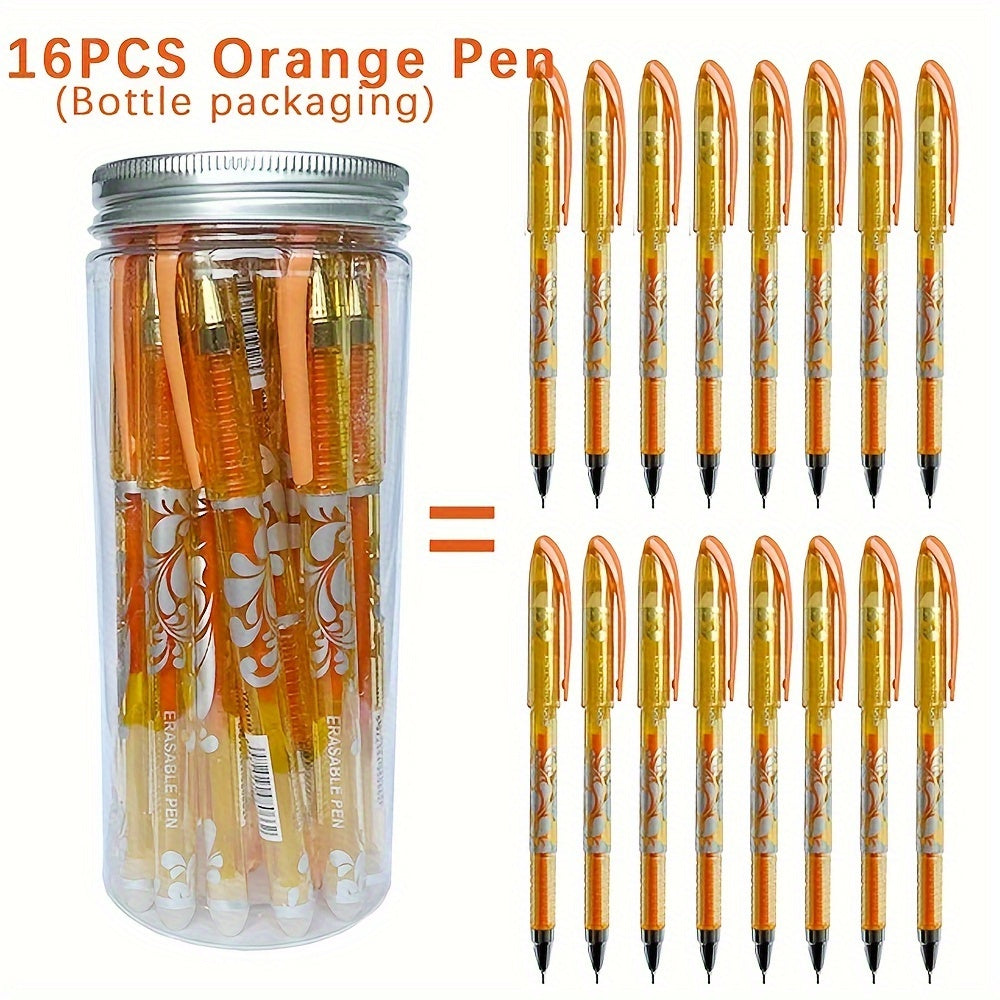 16 erasable gel pens with a 0.5mm tip in 6 colors, stored in a creative bottle for students and office use.