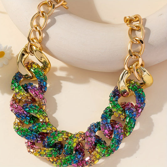 Multicolored Hip-Hop Punk Jewelry Set featuring a Boho-Chic Cuban Link Chain Necklace & Earrings, Synthetic November Birthstone – Ideal for Festivals & Vacations