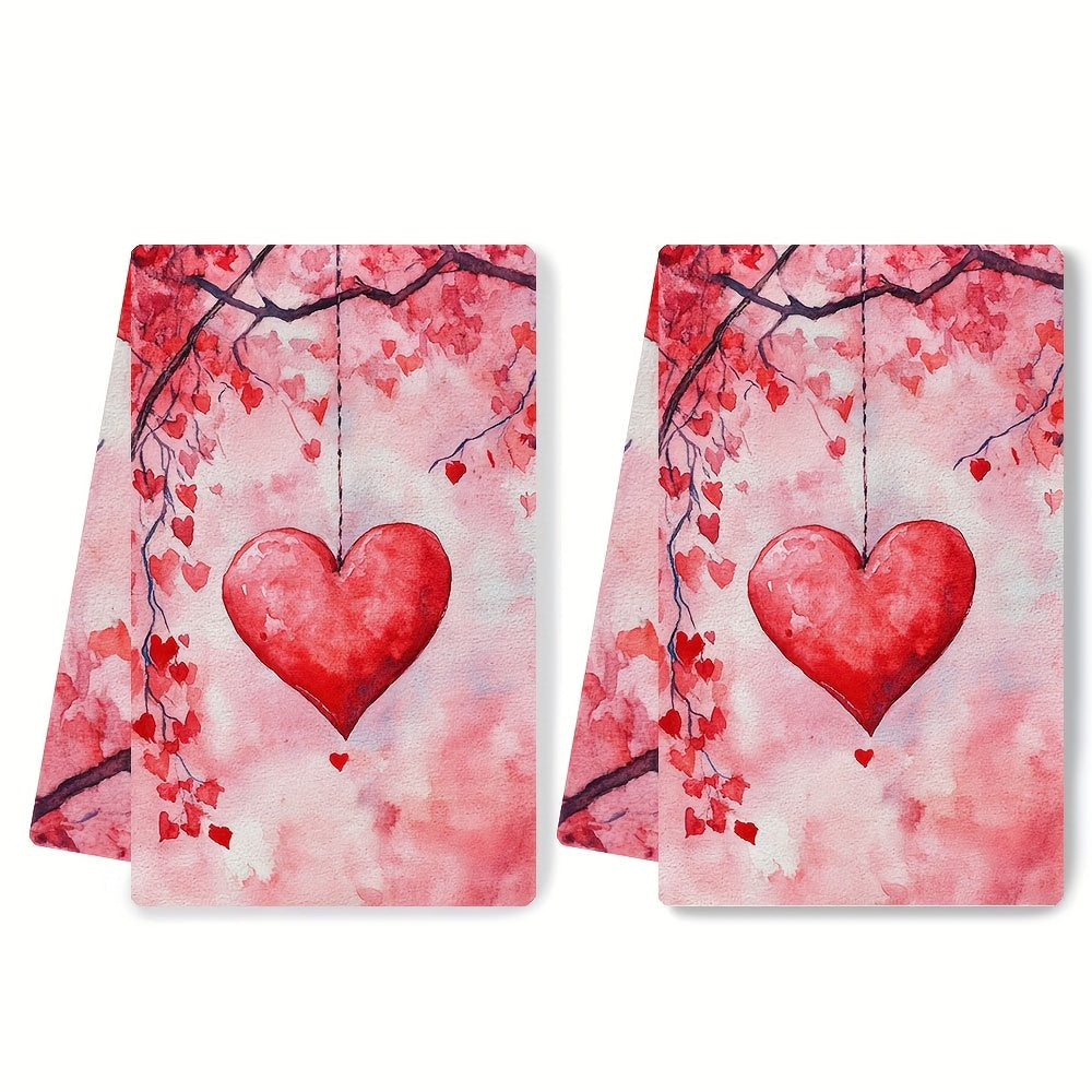 Set of 2 Ultra Soft Kitchen Towels featuring Valentine's Day Heart & Cherry Blossom Design. These towels are highly absorbent, machine washable, and measure 40.64x60.96 cm. Perfect for holiday decor and as dish hand towels.