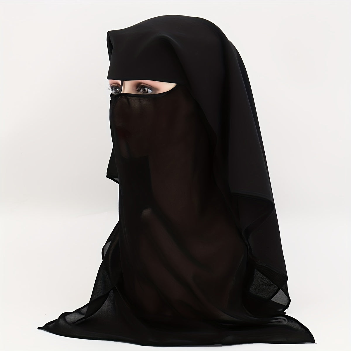 Simple Middle Eastern Ladies Black Chiffon Niqab - Thin, Breathable Face Veil for Sun Protection