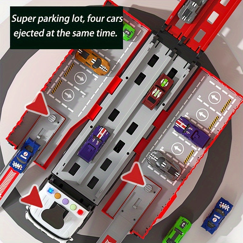 Truck Transporter with Flashing Lights, Launching Race Track, 8 Die-Cast Cars, Battery Powered, Friction Push/Pull-back Operation, Space/Military Themed Playset for Ages 3-6.