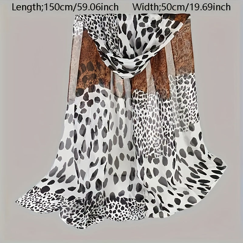 Women's boho style leopard print scarf made of 100% polyester chiffon, suitable for various occasions.