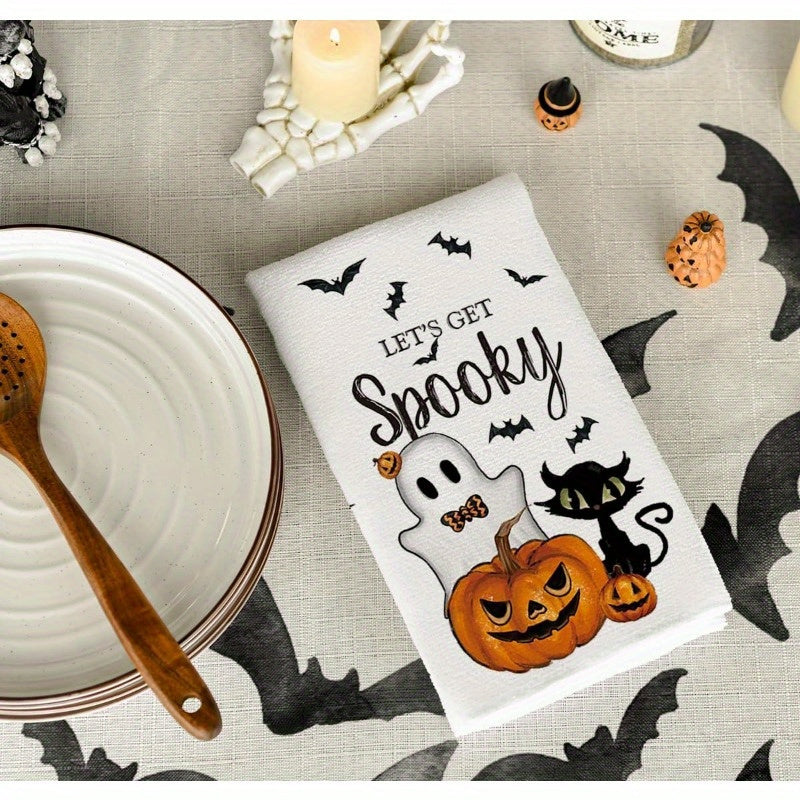 Set of 4 Kitchen Towels measuring 18 x 66.04 cm, ideal for spooky Halloween decorations in homes, kitchens, restaurants, and parties. Features a haunting design with ghosts, pumpkins, bats, and a cat in a classic black and white pattern.