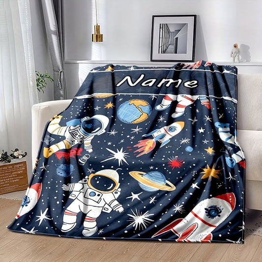 Customize your space-themed decor with a personalized Astronaut Rocket Blanket! Made of luxurious flannel velvet, this blanket is perfect for keeping warm during autumn and winter. Use it as a napping blanket or to add a cozy touch to your sofa. It also