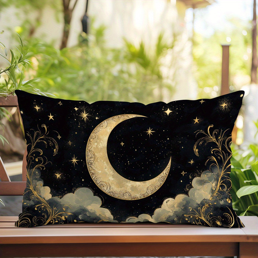 Contemporary crescent moon and stars print pillow cover, 30x50cm, made of soft peach skin velvet with zipper closure. Machine washable and suitable for various room types.