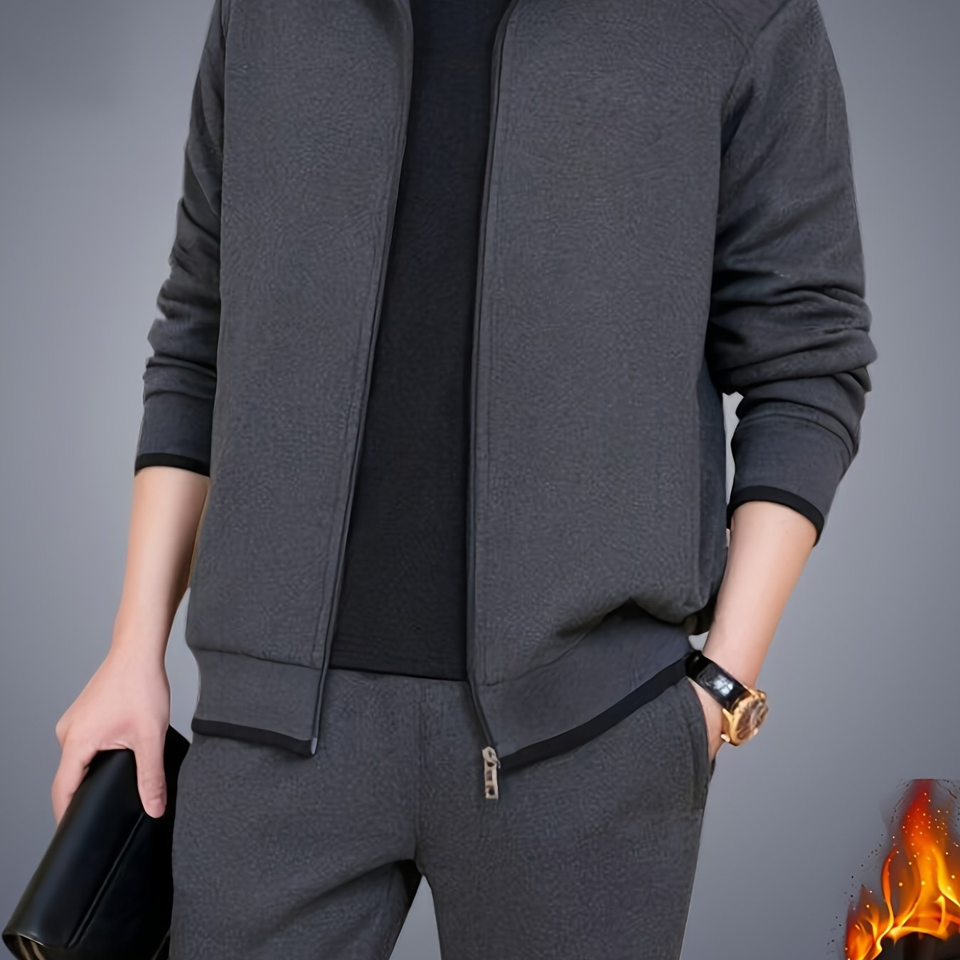 Men's casual sportswear set, knit tracksuit in polyester blend, solid color, stretch fit with zip closure, for autumn/winter collection.