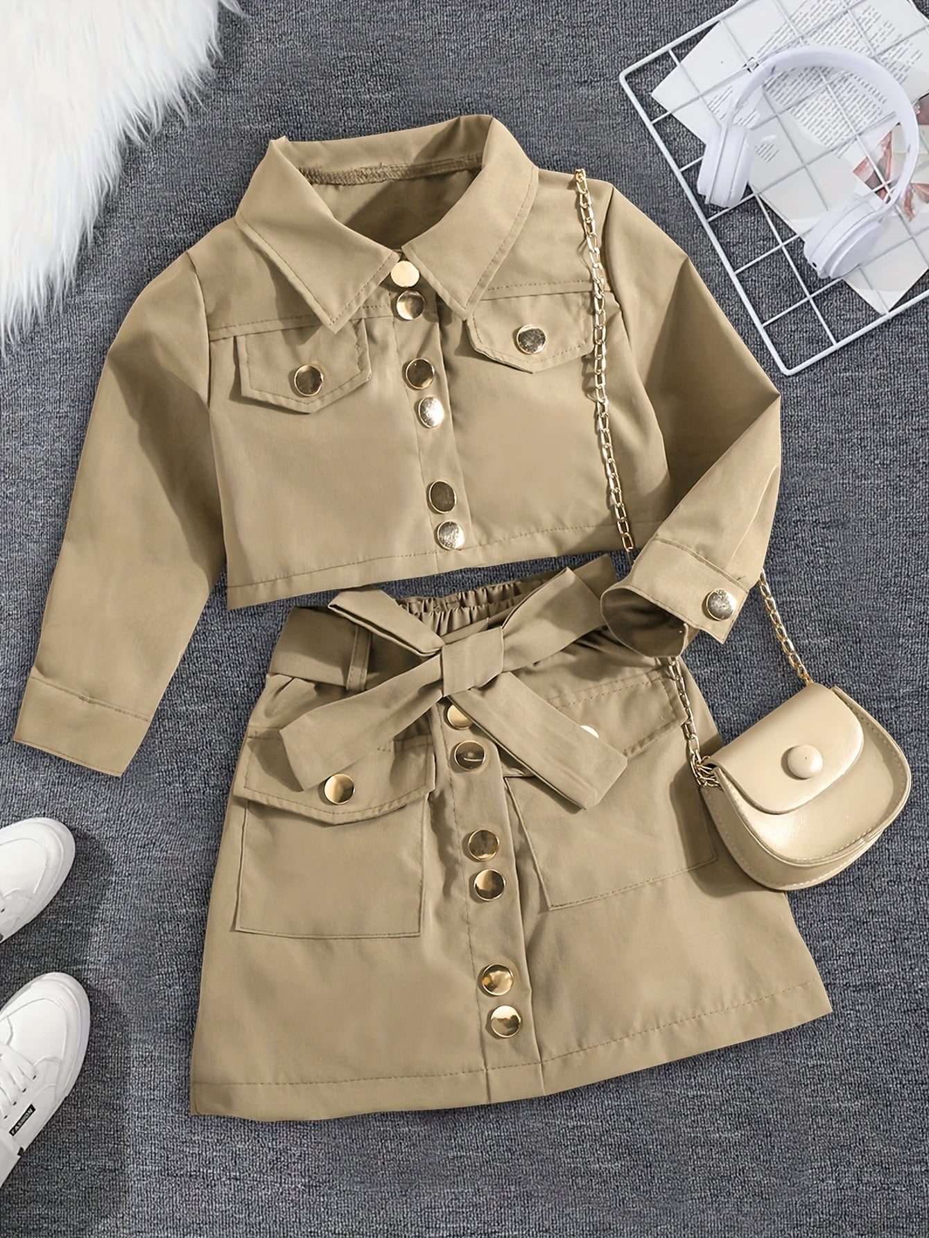 Stylish girls' top and skirt set with button detail, belt, and solid color, ideal for spring/fall