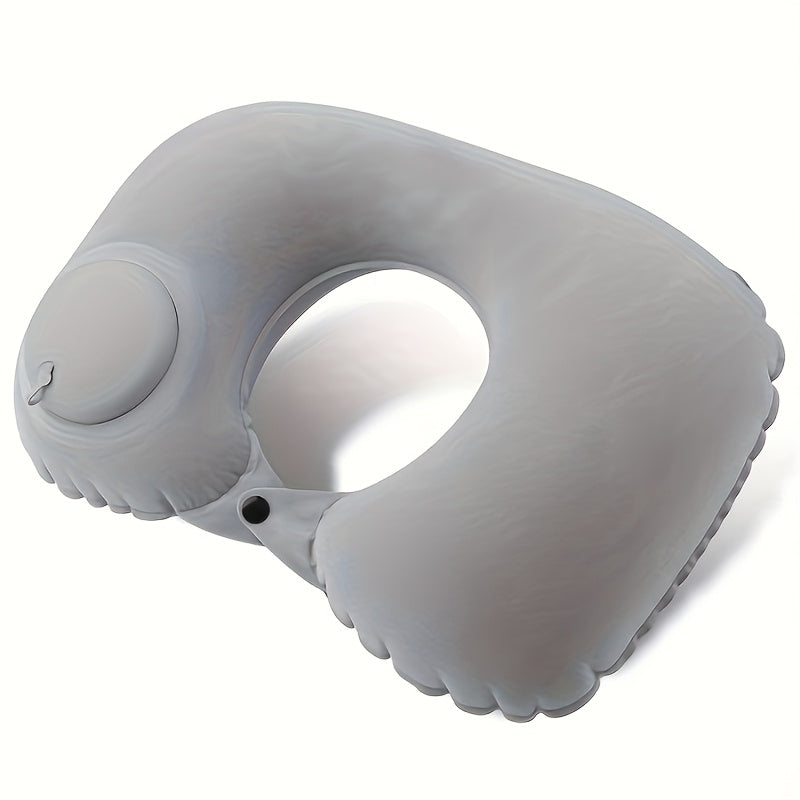 Modern style portable inflatable U-shaped neck pillow that provides automatic cervical support. It is lightweight with a velvet cover and adjustable closure, perfect for use at home, in the office, or in the car. This pillow must be hand washed for