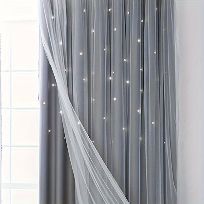 Upgrade your living space with our Modern Hollow Star Curtains. With two layers of soft, breathable fabric, they are perfect for adding a touch of elegance to your living room, bedroom, or study room decor.