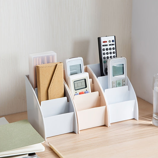 Pocket folder with grid remote control box for organizing cosmetics on desktop.