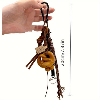 Rock-inspired Sports Faux Leather Keychain featuring Chocolate, Pretzel, and Donuts Charms, Yarn Rope, and Tassel - Unique Trendy Accessory for Bags and Backpacks