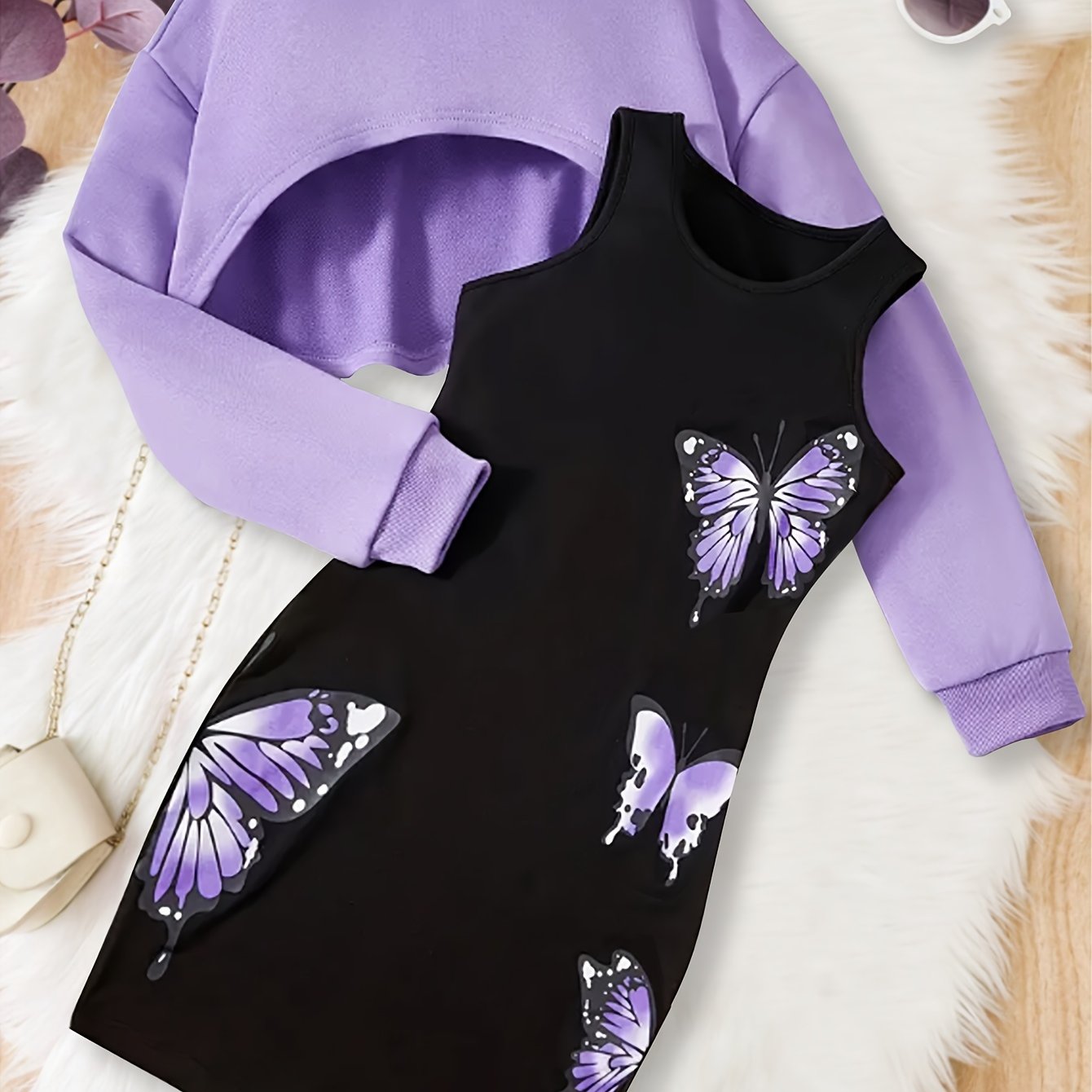 Girls' Purple Top & Butterfly Dress Set - Stylish & Comfortable - Ideal for Spring/Fall Fashion - Featuring Elegant Butterfly Design - Cozy Elastane Mix, Suitable for Outdoor Wear