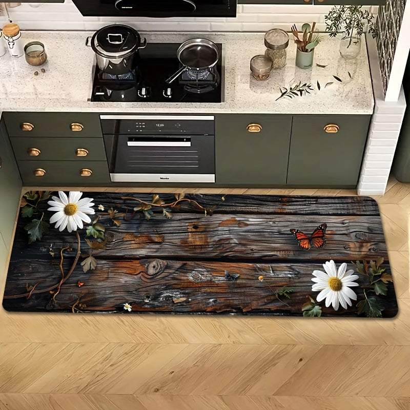 1 piece of Sponge Floor Mat with a weight of 122-483g, featuring a 8mm thickness and a retro Daisy Wood Grain Pattern design. This versatile floor mat can be used in the living room, bedroom, kitchen, bathroom, or even outdoors. It is a decorative bath