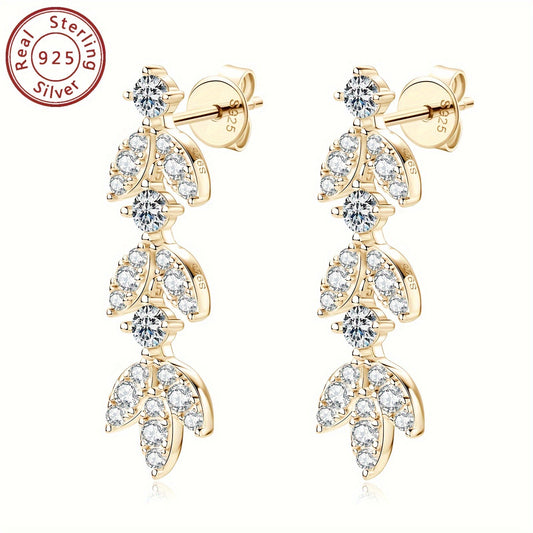 Stunning Luxury Leaf Drop & Dangle Earrings, Crafted in 14K Gold-Plated 925 Sterling Silver featuring Synthetic Moissanite, the April Birthstone. Perfect Jewelry Gift for Women for Christmas, Weddings, and Holidays.