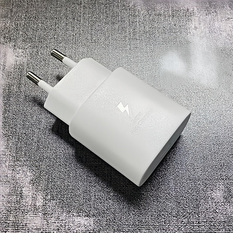 USB-C Fast Charger for Samsung Galaxy phones (S21, S22, S23, S24, Ultra, A54, A53, A34) with European standard plug. Includes universal power adapter, female to female connector, and Type C