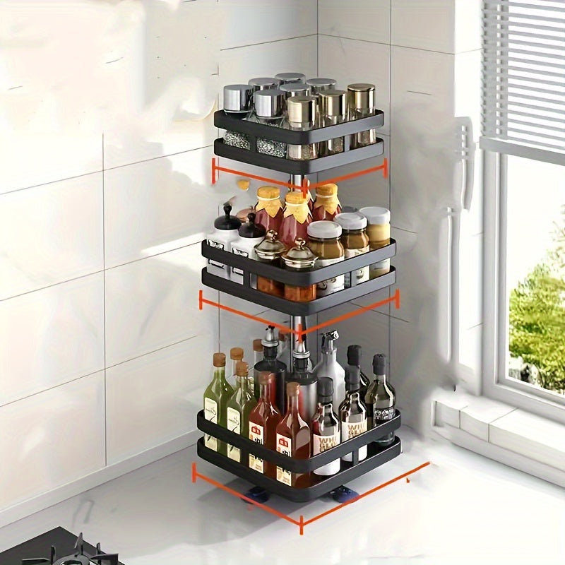 A versatile kitchen storage rack that rotates 360 degrees, perfect for organizing seasonings, oils, salts, sauces, vinegars, and condiment jars.