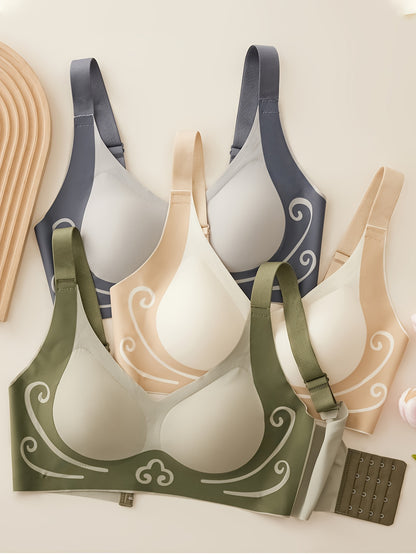 Stylish wireless push-up bra with thick cushioning for comfort, non-removable pads, and seamless design.