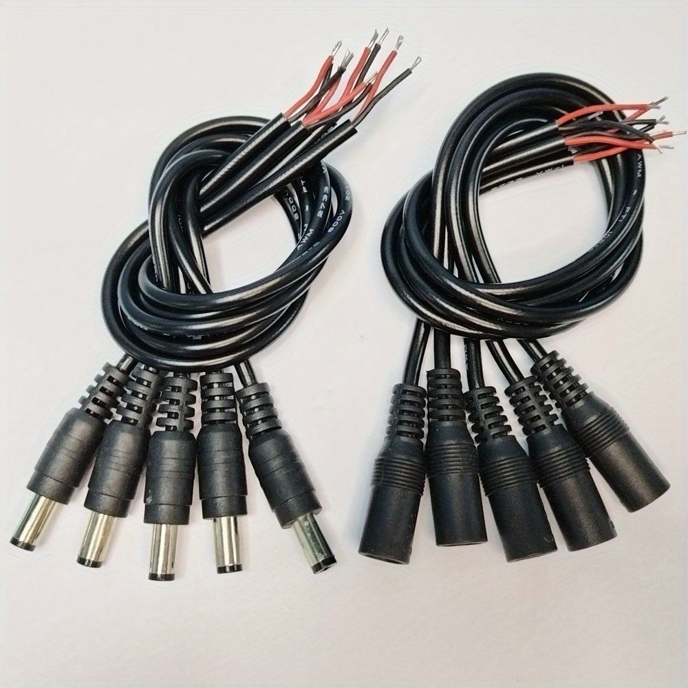 5 pairs of 12V 5.5x2.1mm male and female DC power socket jacks with black DIY DC cables.