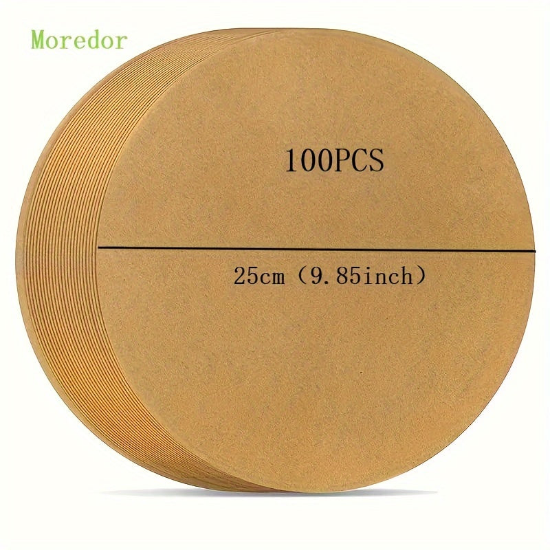 25cm round paper mats for 10'' cake pans, suitable for baking, grilling, steaming, microwave, and air fryer. Kitchen essential for non-stick baking.