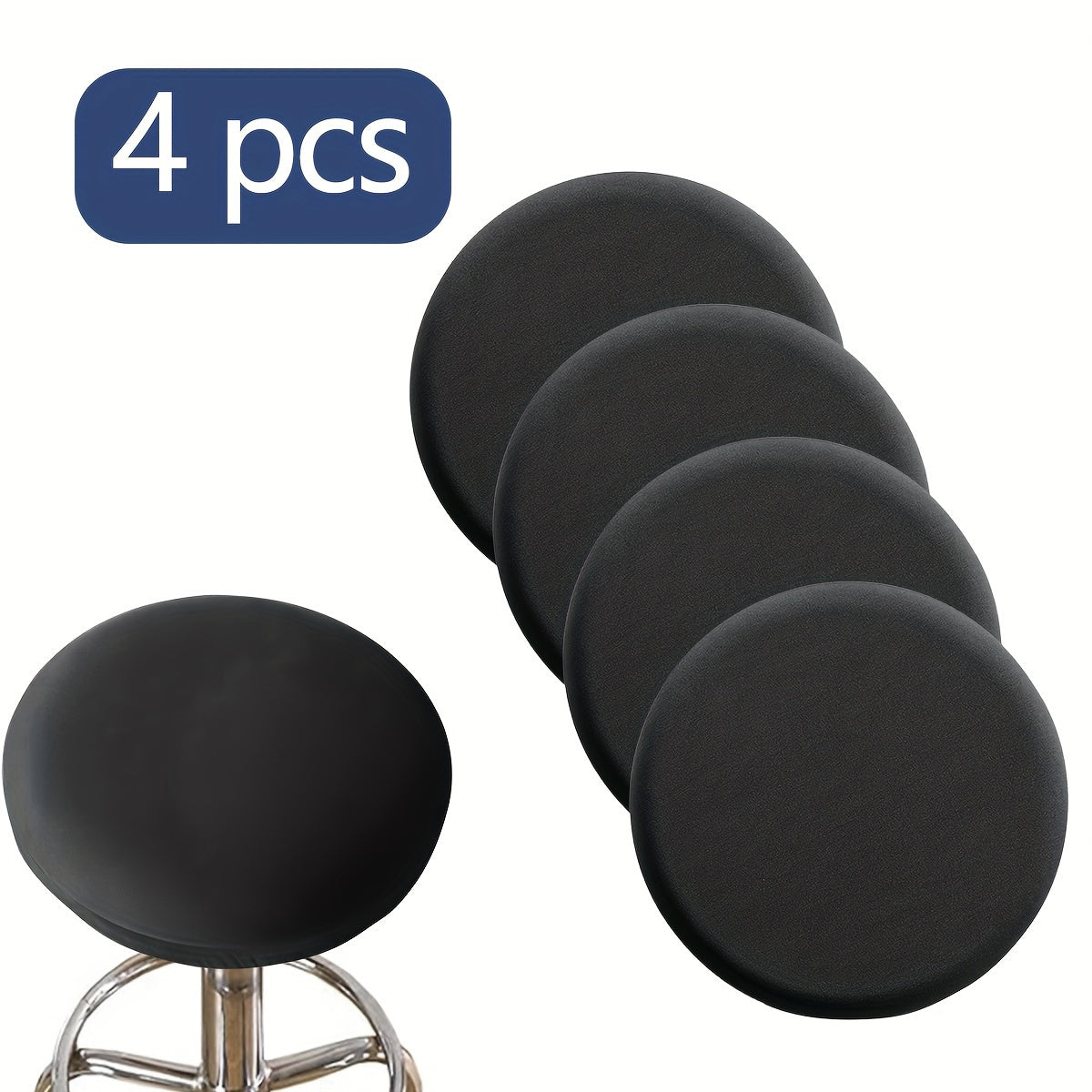 Classic solid color round stool cover in 1pc, 4pcs, or 6pcs options. Made of high elastic material that is clear and natural, dustproof, soft, and adhesive. Suitable for various round chairs. Weighs 120gsm.