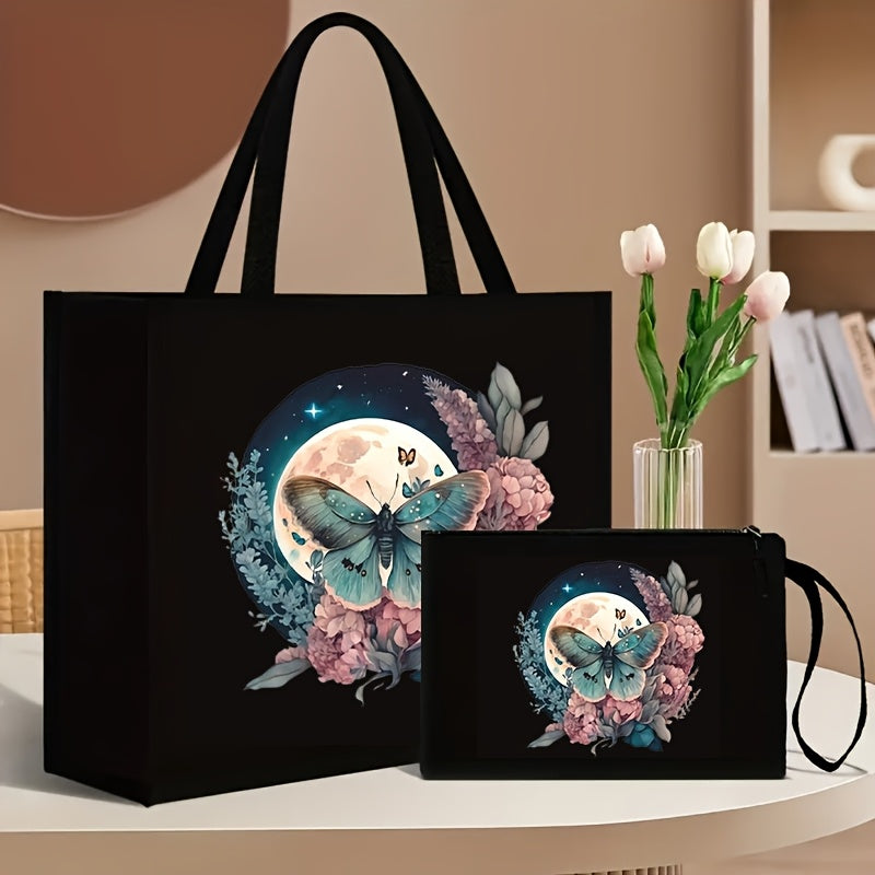 2-piece set consisting of a canvas tote bag with wallet, featuring butterfly and floral print, foldable and durable, fixed shoulder straps, polyester lining, kiss lock closure, geometric