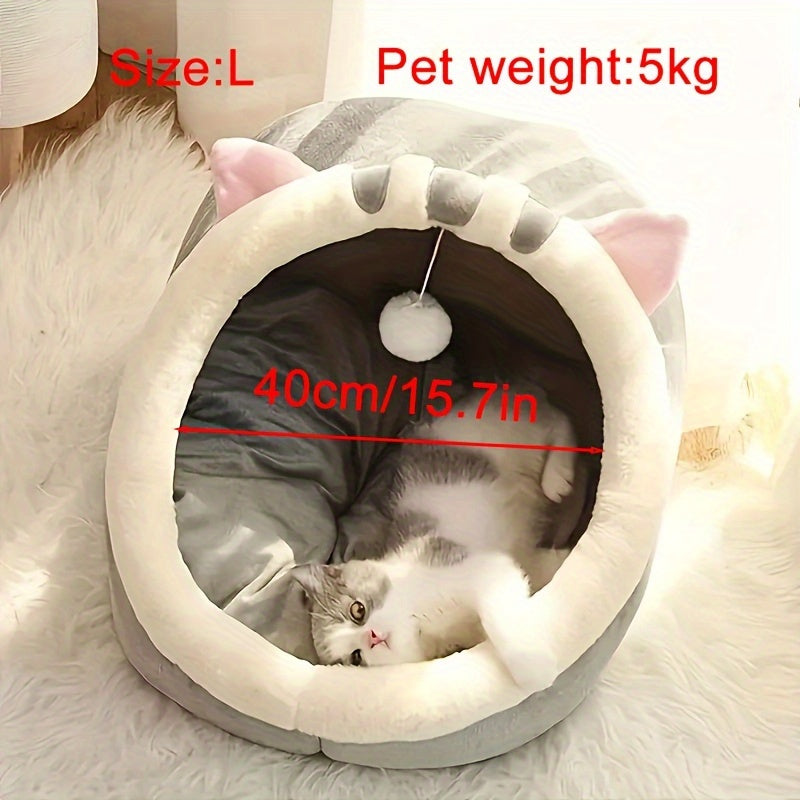 Plush cat house with cushion for all-sized cats, suitable for all seasons.