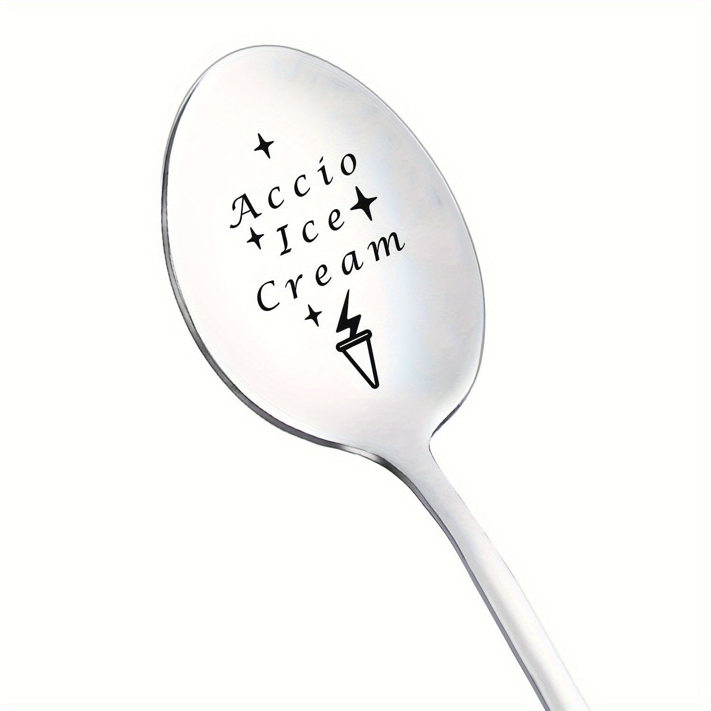 Get your hands on the 1pc "Accio Ice" Mirror Polished Engraved Stainless Steel Spoon - a quirky and versatile utensil perfect for coffee, ice cream, or as a unique gift for lovers, fathers, or for special occasions like birthdays, weddings, or