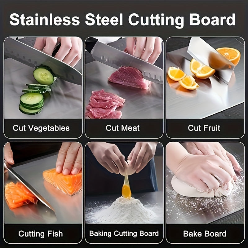 Premium stainless steel cutting board with dual-sided design for home and restaurant use. This food-grade, odorless and durable kitchen chopping block is a must-have for any kitchen.