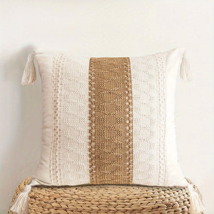 1pc Farmhouse throw pillow cover with tassels, cotton burlap, neutral decor for couch or sofa, living room or patio. Natural beige with single stripe design, no pillow included.