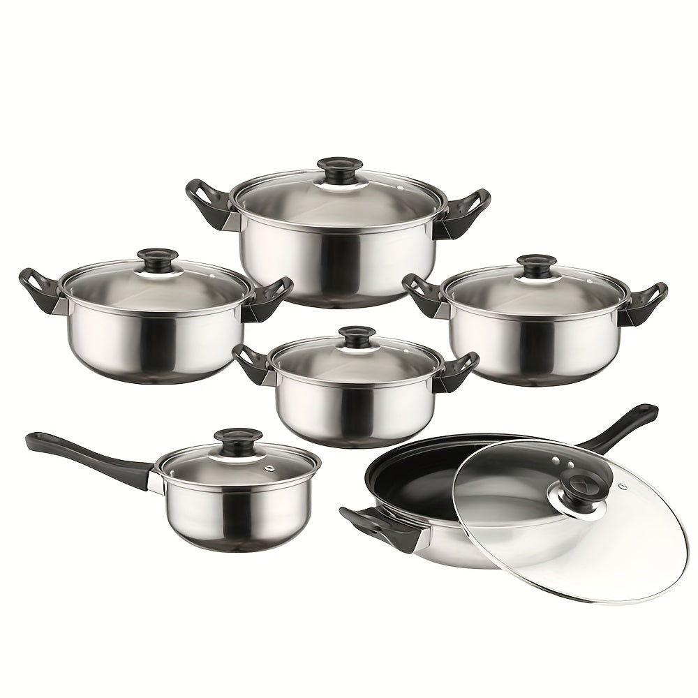 12-piece non-stick stainless steel cookware set includes 6 pots with lids. Set comes with a non-stick frying pan, stew pot, wok, and soup pot. PFOA-free kitchen frying pan is induction cooker and gas stove compatible. Perfect for holiday parties and