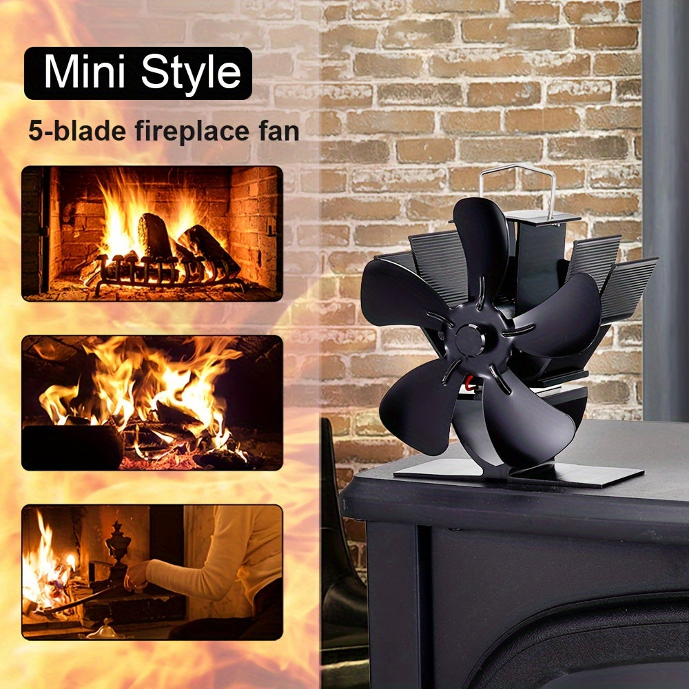 Portable aluminum stove fan with five blades for wood burning fireplaces, operates silently using heat, equipped with multiple components for exhaust, does not require electricity.