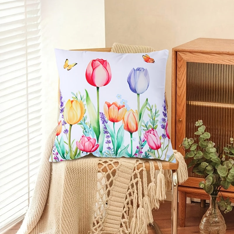 Modern Floral and Butterfly Print Decorative Pillow Cover, Made of Polyester, Easy to Clean in the Washing Machine, Features a Zipper Closure, Ideal for Adding a Touch of Spring to Your Living Room Decor or Party Setting.