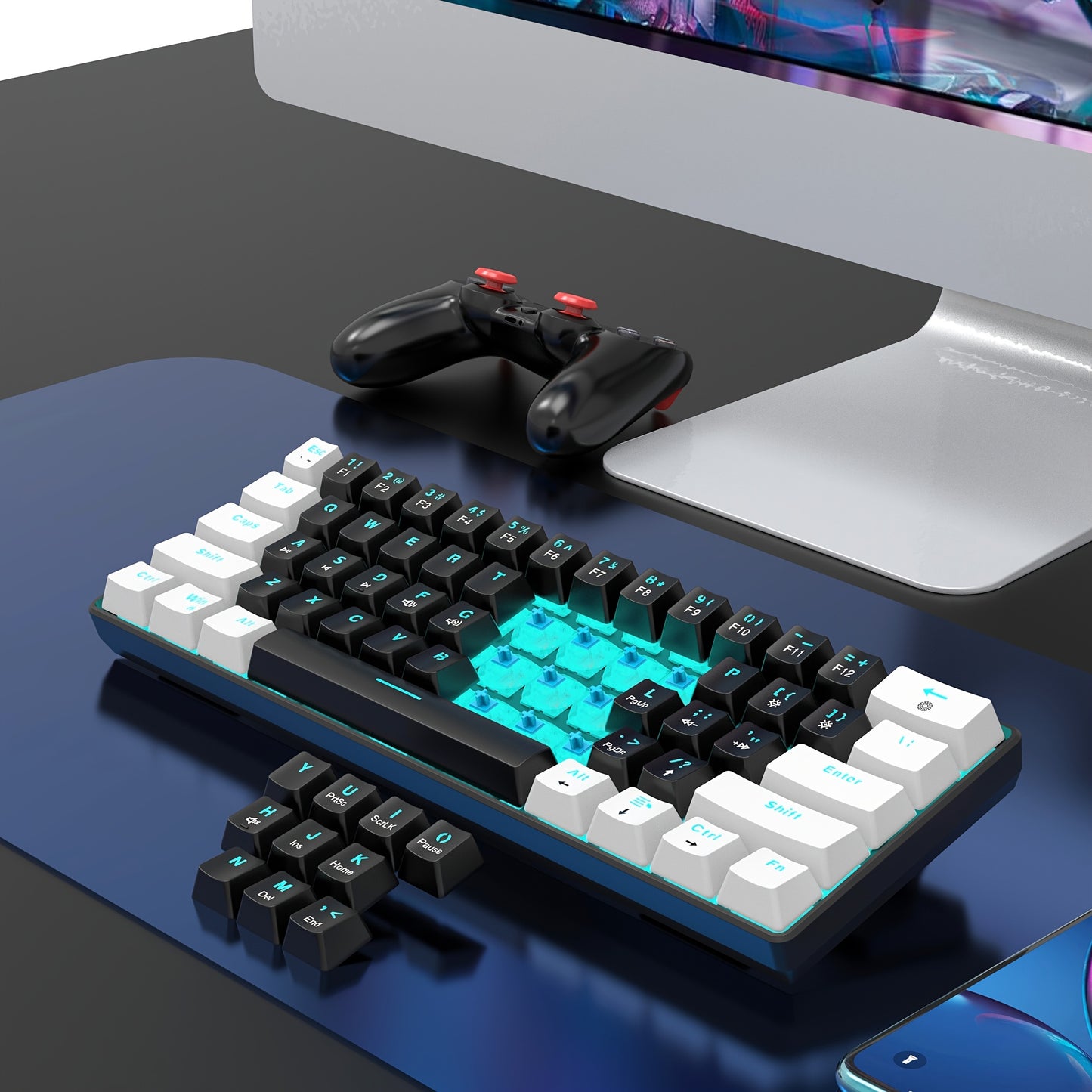 Snpurdiri 60% Mechanical Gaming Keyboard with LED Backlight, Blue and Red Switches, Portable Design