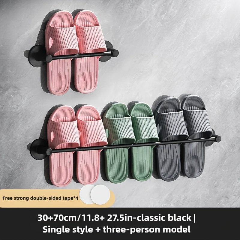 Wall-mounted slipper rack holds 1 pair of shoes and towels, no need for drilling. Made of plastic with strong load-bearing capacity. Waterproof and moisture-proof for bathroom storage.