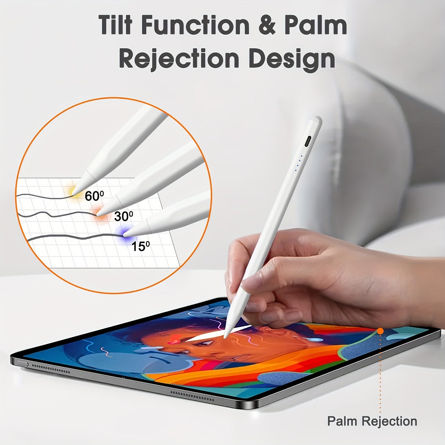 Fast-charging iPad Pencil with Palm Rejection, Tilt Function, and Rechargeable Battery