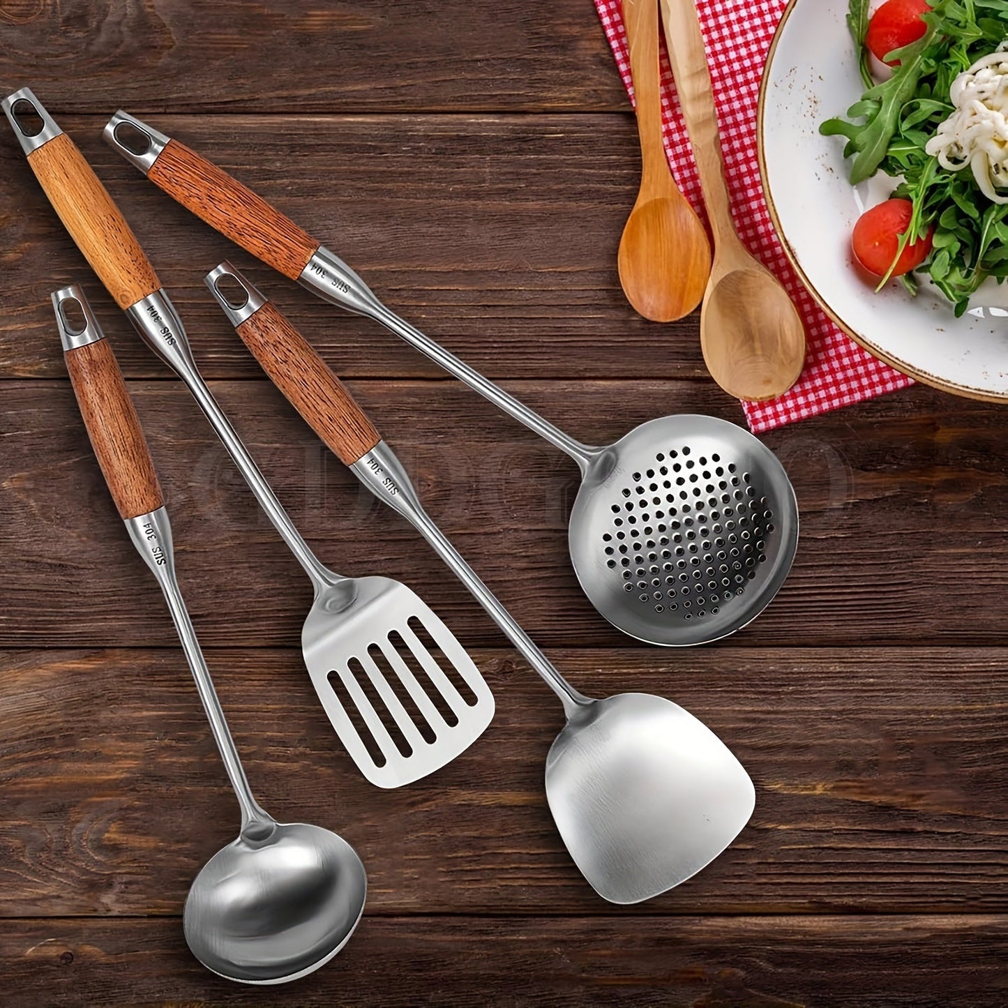 Seven pieces of cooking utensils made with durable 304 stainless steel, complete with a rotating stand storage box. The set includes a slotted spoon, slotted spatula, ladle, soup ladle, spreader, and spaghetti server.