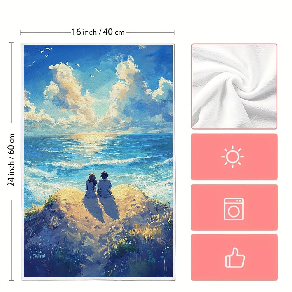 This set includes 2 ultra-soft kitchen towels with an anime couple seated on a heart-shaped sand dune, gazing at the waves. These dish towels are highly absorbent, perfect for holiday decoration, machine washable, and measure 40.64X60.96 cm.