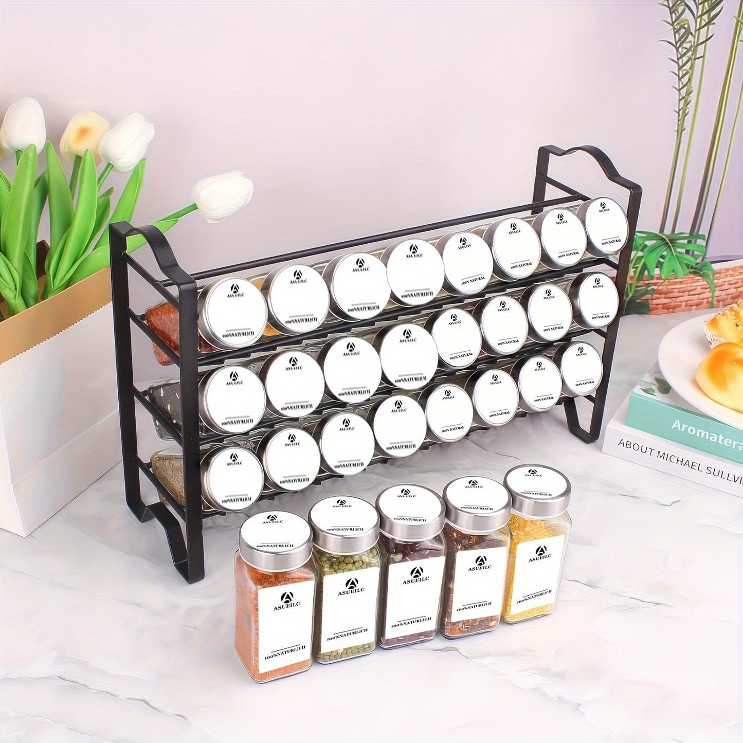 Glass Spice Jars Set of 24 with Tiered Countertop Storage Rack, Includes Stainless Steel Funnel, Label Maker, Brush, Pen, and Nails - Perfect for Home and Commercial Kitchens.