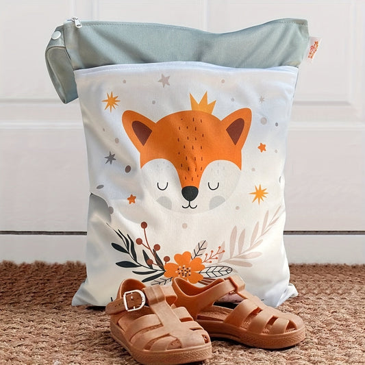 Travel in style with the Mommy Bag Double Zipper Trolley Hanging Bag, a waterproof diaper bag adorned with a cute fox print. This versatile storage bag is perfect for all your travel essentials.