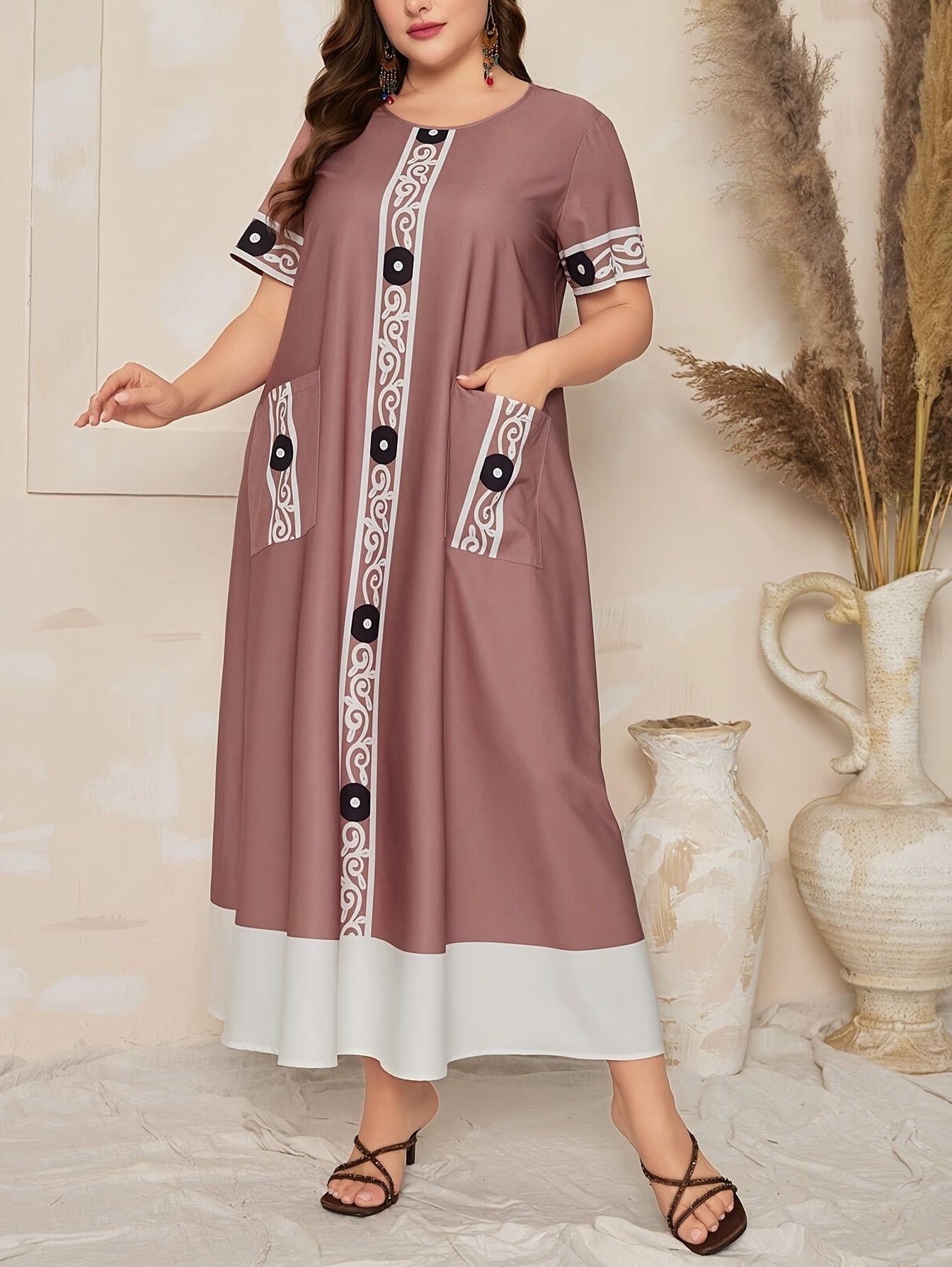 Color-block printed splice dress with double pockets, 100% polyester, fitted, non-stretch woven fabric, ideal for all seasons - Elegant plus size fashion.