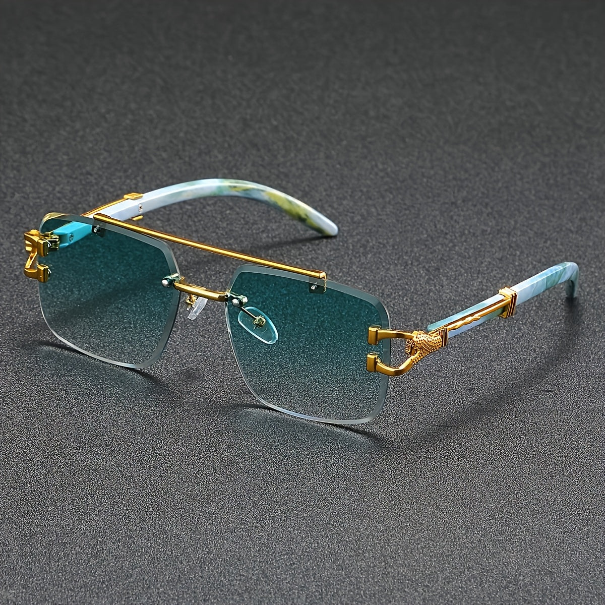 Stylish rimless leopard print glasses with lightweight design and golden-tone accents, ideal for outdoor activities.